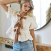 Romantic Babydoll Blouse With Bow Tie Textured Puff